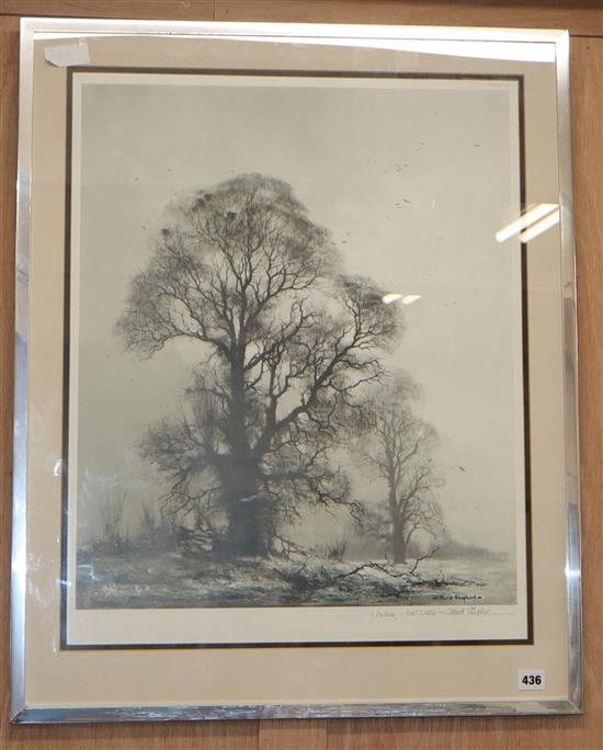 David Shepherd, monochrome print, Study of trees and birds, signed in pencil, 64 x 51cm, and a caricature of French men by Bill Wright,